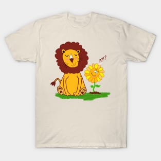 Puzzled Cute Lion with Funny Sunflower T-Shirt